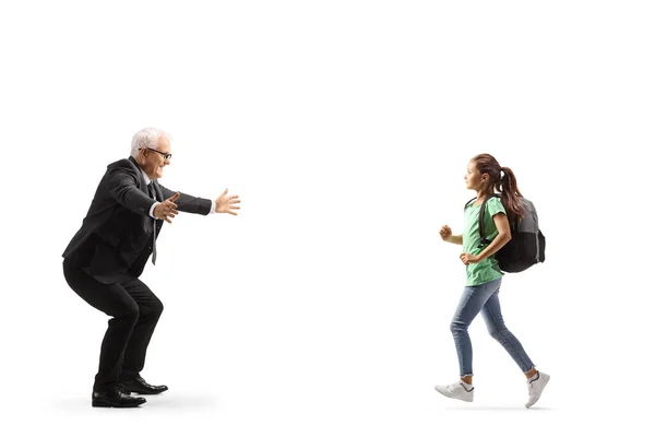 Full Length Profile Shot Schoolgirl Running Her Father Hug Isolated — Stock Photo, Image