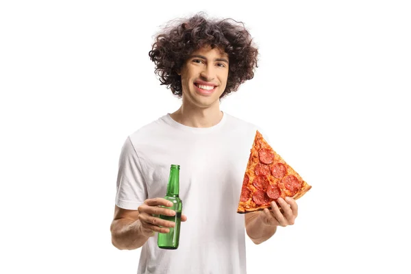 Cheerful Young Man Holding Slice Pizza Bottle Beer Isolated White — Stock Photo, Image