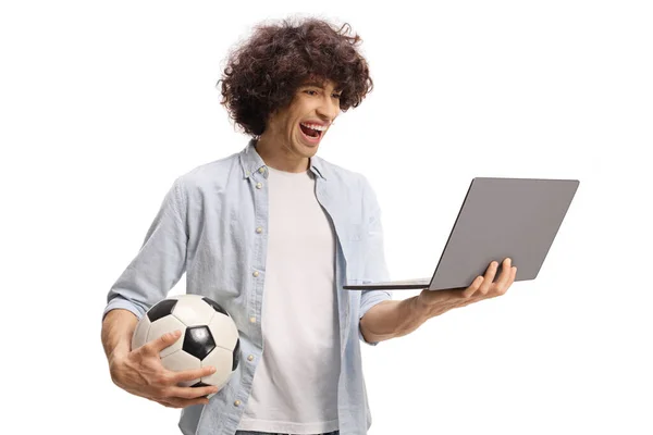 Happy Excited Guy Holding Laptop Computer Football Isolated White Background — ストック写真