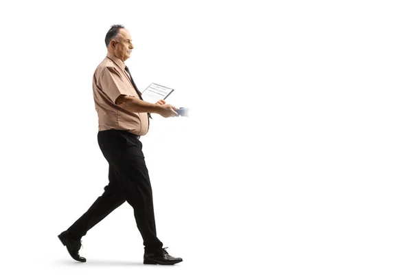 Full Length Profile Shot Mature Security Officer Walking Holding Flashlight — Stock Photo, Image