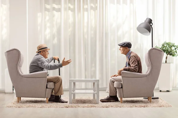 Dois Homens Idosos Sentados Poltronas Conversando Quarto — Fotografia de Stock