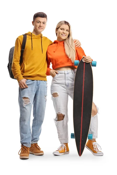 Moda Jovem Macho Fêmea Com Longboard Isolado Fundo Branco — Fotografia de Stock