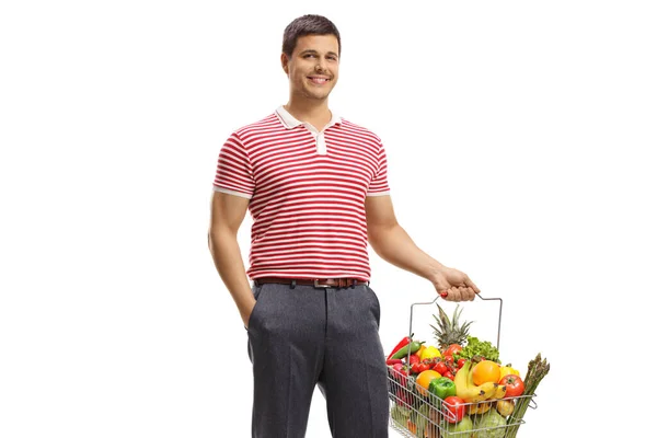 Man Smiling Holding Shopping Basket Healthy Fruits Vegetables Isolated White — Stock Photo, Image
