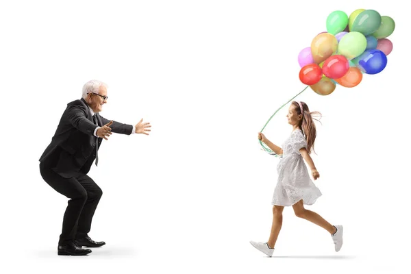 Full Length Profile Shot Girl Balloons Running Businessman Isolated White — Stock Photo, Image