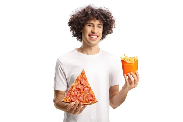 Cheerful Young Man Holding Slice Pizza French Fries Isolated White — Stockfoto