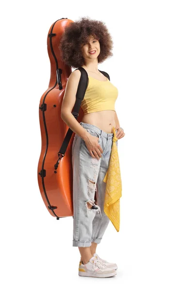 Young Female Musician Posing Cello Case Her Shoulder Smiling Isolated — Stockfoto