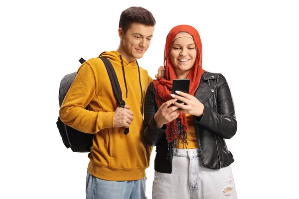 Students Different Ethnicity Holding Smartphones Isolated Hite Background — Stockfoto