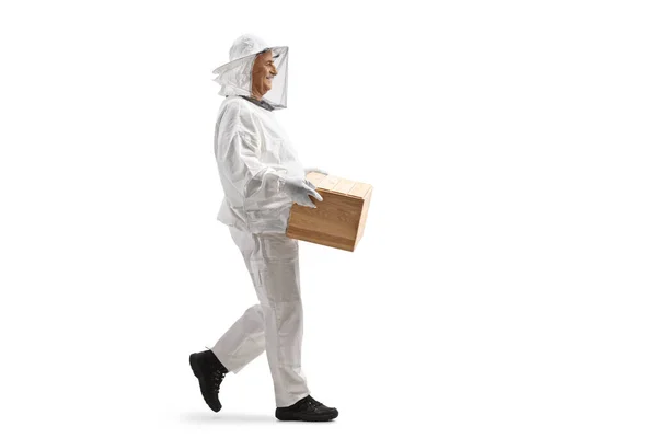 Full Length Profile Shot Bee Keeper Uniform Holding Wooden Crate — Stock Photo, Image