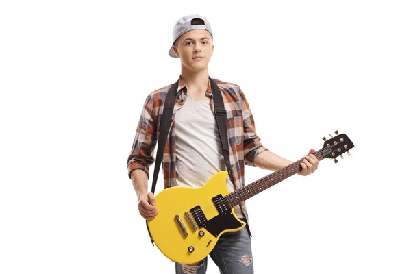 年轻男性 有一把白色背景的电吉他 — 图库照片