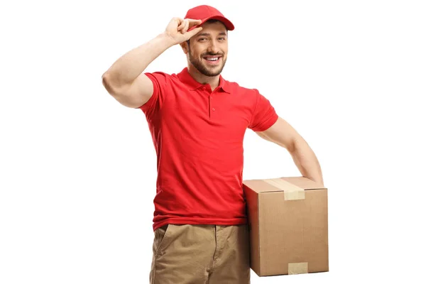 Entrega Homem Com Uma Caixa Sorrindo Saudação Com Tampa Isolada — Fotografia de Stock