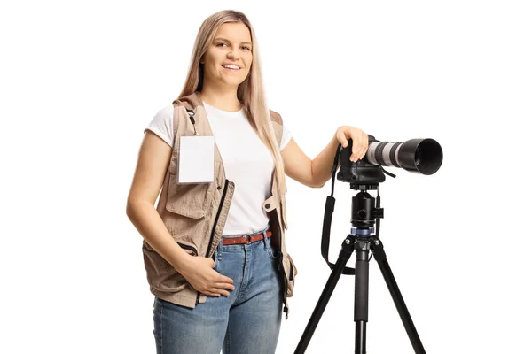 Young Female Photo Journalist Working Camera Stand Isolated White Background — ストック写真