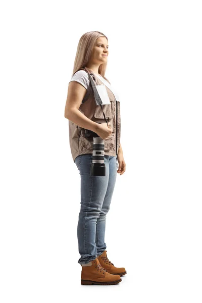 Full Length Shot Female Photo Journalist Carrying Camera Her Shoulder — Stock Photo, Image