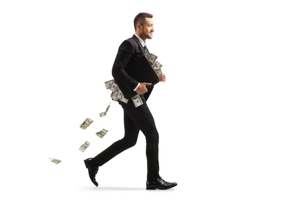 Full Length Profile Shot Businessman Running Briefcase Full Money Isolated — Stock Photo, Image