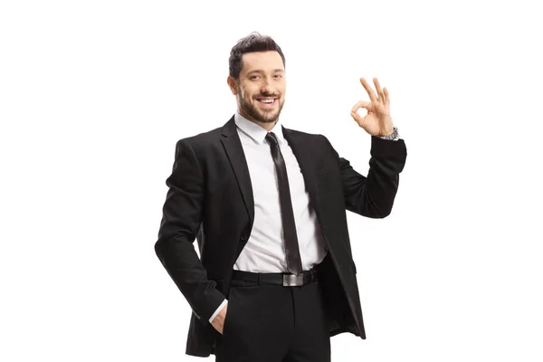 Young Man Wearing Black Suit Gesturing Sign Isolated White Background — Photo