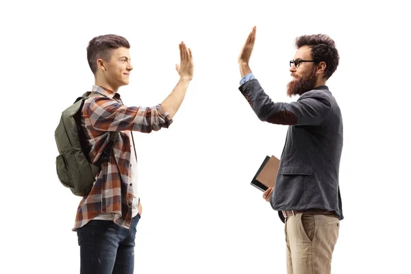 Estudiante Haciendo Gesto Chocante Con Profesor Aislado Sobre Fondo Blanco — Foto de Stock