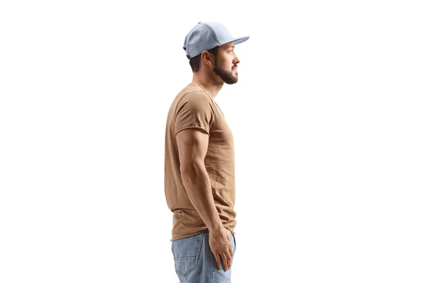 Profile Shot Guy Cap Standing Isolated White Background — Foto Stock
