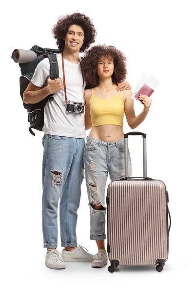 Young Male Female Travelers Backpack Suitcase Holding Passport Isolated White — ストック写真
