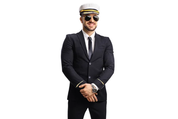 Young Pilot Uniform Wearing Sunglasses Posing Isolated White Background — ストック写真