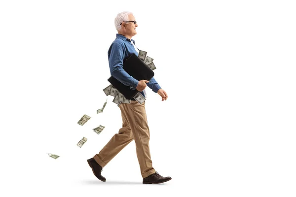Full Length Profile Shot Mature Man Walking Briefcase Full Money — Stock Photo, Image