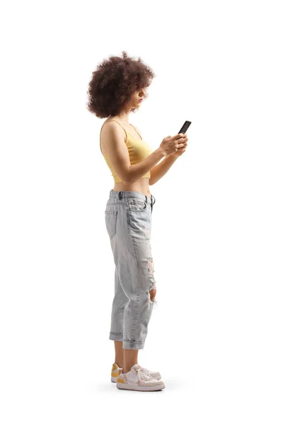 Full Length Profile Shot Young Woman Curly Hair Using Smartphone — ストック写真