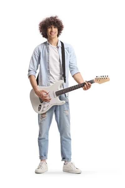 Full Length Portrait Casual Guy Curly Hair Playing White Electric — Stock Photo, Image