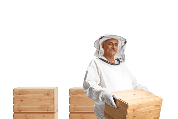 Mature Bee Keeper Holding Wooden Box Smiling Isolated White Background — ストック写真