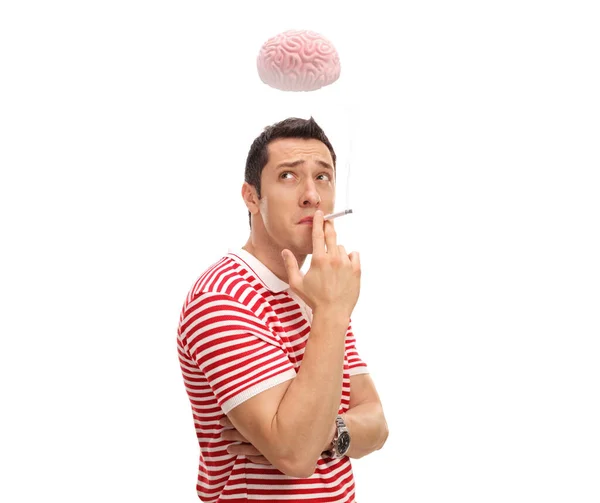 Pensive Guy Smoking Cigarette Thinking Brain His Head Isolated White — Foto Stock