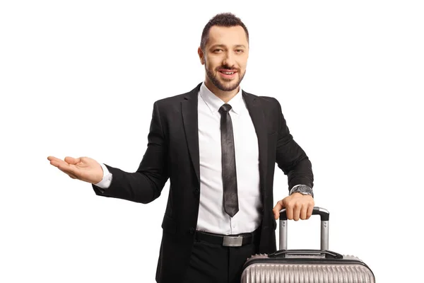 Businessman Suitcase Pointing Hand Isolated White Background — Zdjęcie stockowe