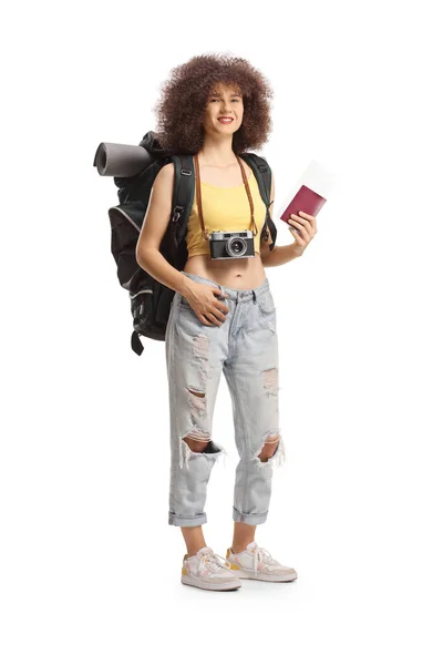 Happy Young Female Traveler Backpack Holding Passport Isolated White Background — Zdjęcie stockowe