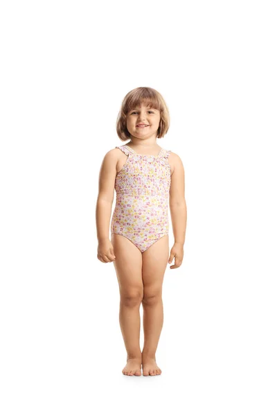 Girl Swimming Suit Smiling Camera Isolated White Background — Zdjęcie stockowe