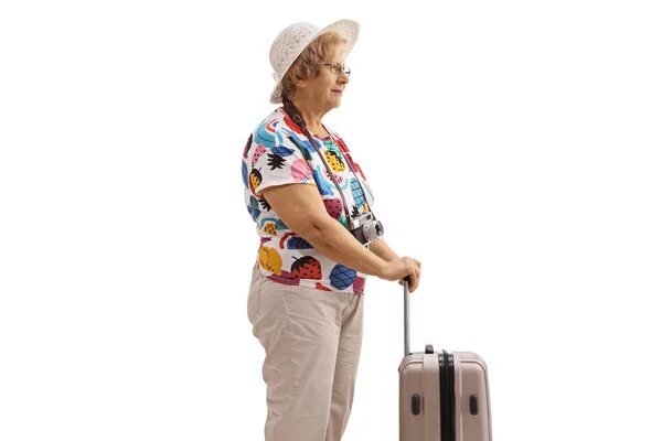 Elderly Female Tourist Suitcase Isolated White Background — Stockfoto