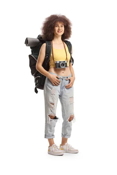 Happy Young Female Traveler Backpack Camera Isolated White Background — Stok Foto