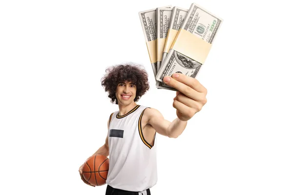 Basketball Player Holding Ball Money Banknotes Isolated White Background — Stockfoto