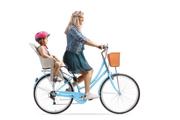 Madre Montando Una Bicicleta Con Una Chica Asiento Niño Aislado —  Fotos de Stock