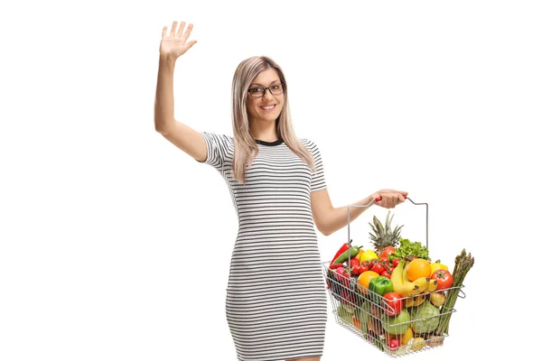 Woman Shopping Basket Fruits Vegetables Waving Isolated White Background — Zdjęcie stockowe