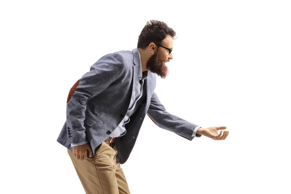 Profiel Foto Van Een Man Met Baard Iets Met Hand — Stockfoto