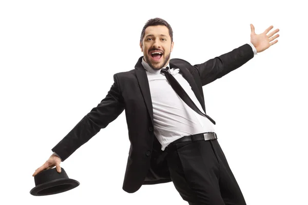 Fröhlicher Typ Anzug Tanzt Und Singt Isoliert Auf Weißem Hintergrund — Stockfoto
