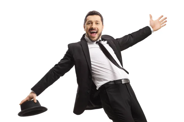 Cheerful Guy Suit Dancing Singing Isolated White Background - Stock-foto