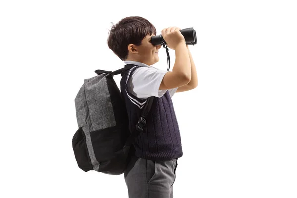 Profile Shot Schoolboy Backpack Looking Binoculars Isolated White Background — Photo