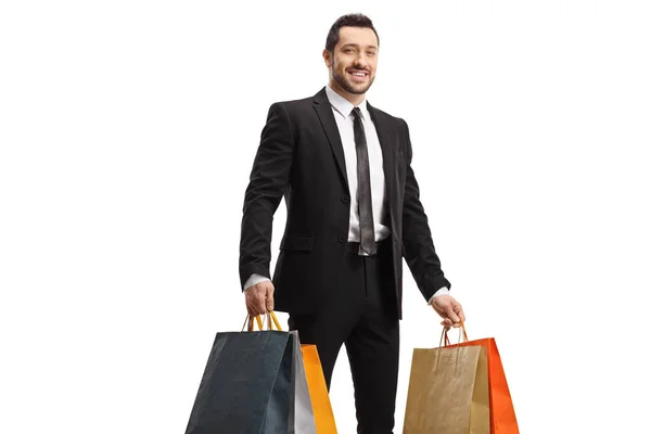 Smiling Businessman Holding Shopping Bags Isolated White Background — Stockfoto