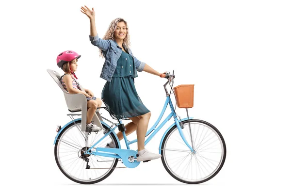 Mother Waving Riding Bicycle Girl Child Seat Isolated White Background — Stock Photo, Image
