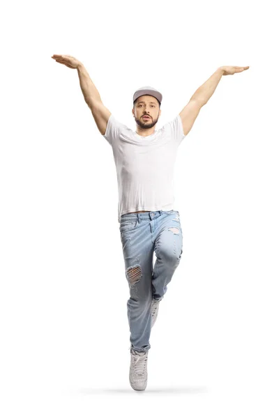 Full Length Portrait Male Dancer Jeans White Shirt Dancing Isolated — Stockfoto