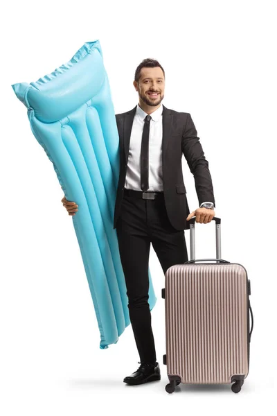 Businessman Holding Water Floating Mattress Suitcase Isolated White Background — 스톡 사진