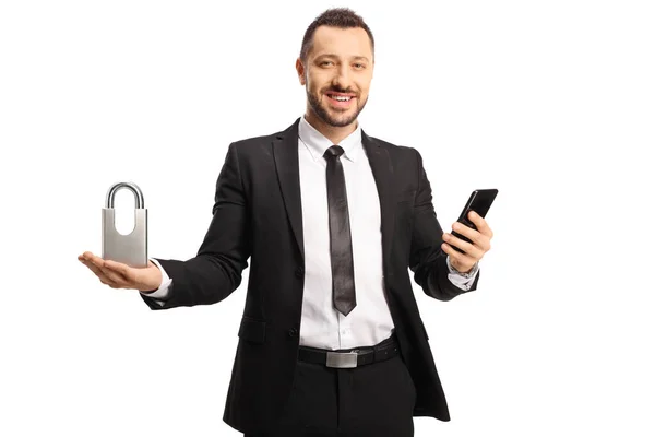 Businessman Holding Padlock Smartphone Isolated White Background — Stok fotoğraf