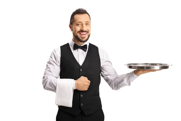 Smiling Waiter Empty Tray His Hand Isolated White Background — Stock fotografie