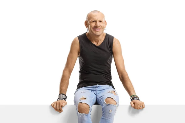 Bald Man Sitting Panel Smiling Isolated White Background —  Fotos de Stock