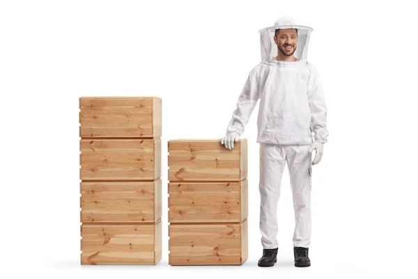 Bee Keeper Uniform Standing Next Wooden Crate Piles Isolated White — 스톡 사진