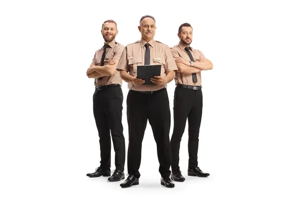 Full Length Portrait Team Security Guards Uniforms Isolated White Background — Stockfoto
