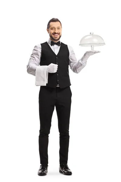 Cameriere Sorridente Che Tiene Piatto Torta Vuoto Isolato Sfondo Bianco — Foto Stock