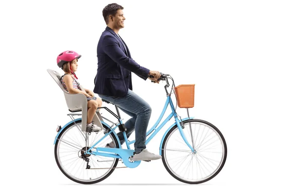 Padre Montando Una Bicicleta Con Una Chica Asiento Niño Aislado — Foto de Stock